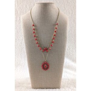 Chaps Red Beaded Lariat Necklace Gold Tone Floral Medallion Pendant